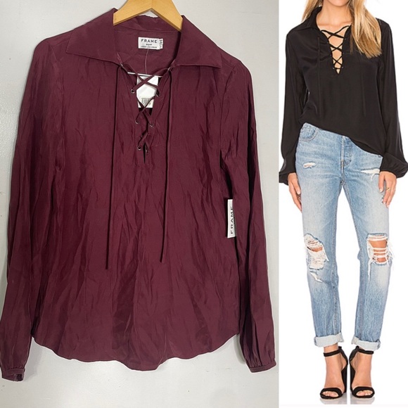 Frame Denim Tops - Frame Denim Le Lace Up Silk‎ Mahogany Blouse Size Small
